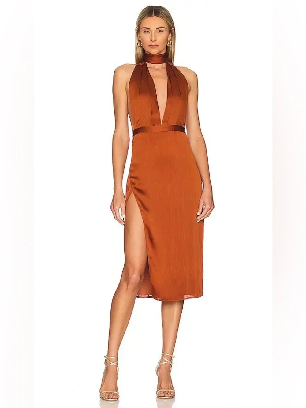 NWT NBD Holden Midi Dress Bronze Satin Halter Deep Plunge Side Slit Size M - Picture 1 of 7